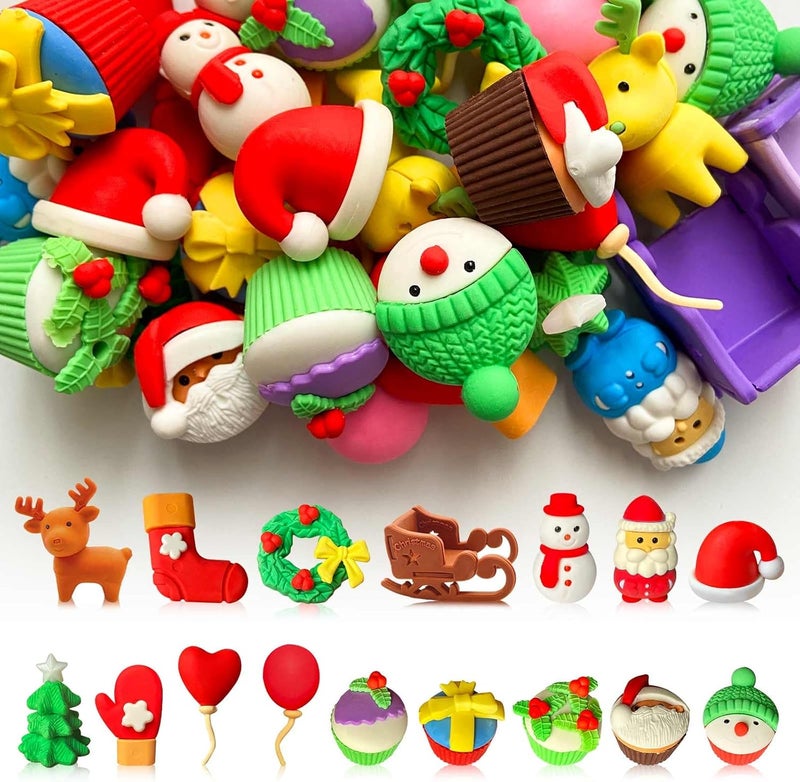 Kaemi 32 Pcs Christmas Desk Pets for Kids Classroom Prizes Fun 3D Puzzle Animal Food Snowman Holiday Erasers for Party Favors Treasure Box Goodie Bag Stuffers - Image 1